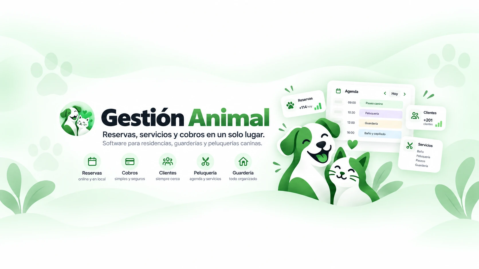 Gestión Animal: reservas, cobros y clientes conectados para cuidar de perros y gatos.