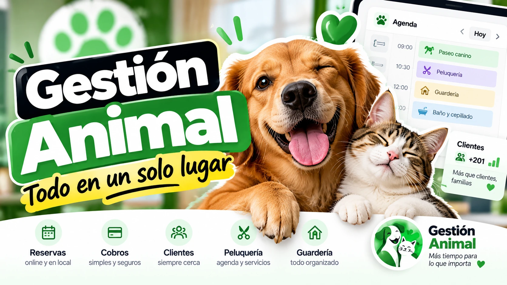 Gestión Animal. Todo en un solo lugar: reservas, cobros, clientes, peluquería y guardería.